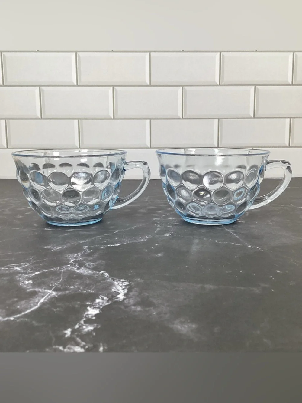 4 Vtg Anchor Hocking Blue Bubble Glass Teacups Or Punch Glasses Depression Glass
